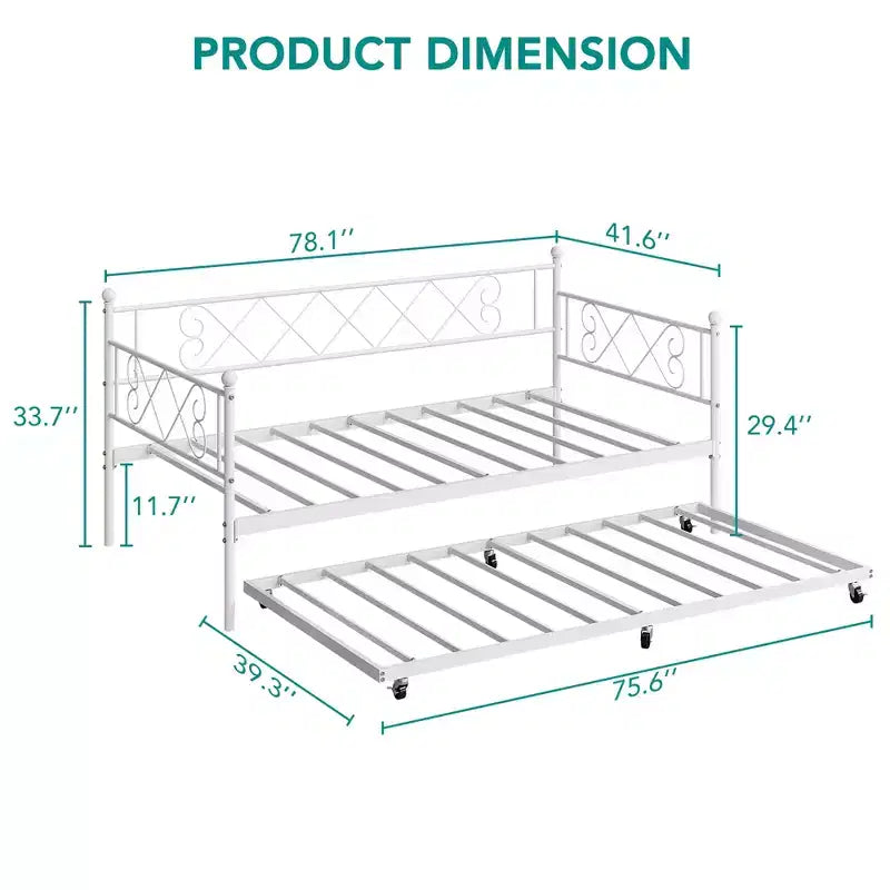 Cama diván metálica individual con cama nido y cabecero en forma de corazón, estructura de sofá cama con listones de acero, cama para invitados que ahorra espacio, para dormitorio, fácil de montar