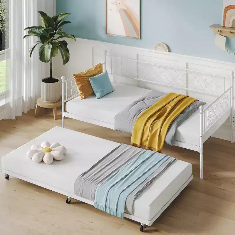 Cama diván metálica individual con cama nido y cabecero en forma de corazón, estructura de sofá cama con listones de acero, cama para invitados que ahorra espacio, para dormitorio, fácil de montar