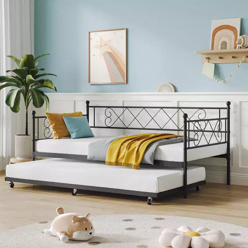 Cama diván metálica individual con cama nido y cabecero en forma de corazón, estructura de sofá cama con listones de acero, cama para invitados que ahorra espacio, para dormitorio, fácil de montar
