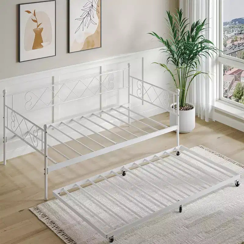 Cama diván metálica individual con cama nido y cabecero en forma de corazón, estructura de sofá cama con listones de acero, cama para invitados que ahorra espacio, para dormitorio, fácil de montar