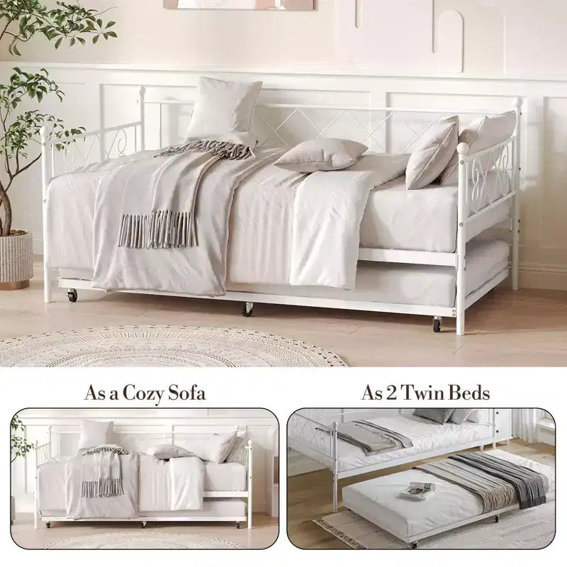 Cama diván metálica individual con cama nido y cabecero en forma de corazón, estructura de sofá cama con listones de acero, cama para invitados que ahorra espacio, para dormitorio, fácil de montar