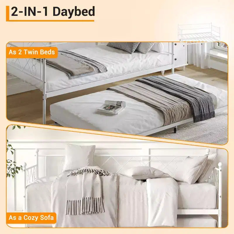 Cama diván metálica individual con cama nido y cabecero en forma de corazón, estructura de sofá cama con listones de acero, cama para invitados que ahorra espacio, para dormitorio, fácil de montar