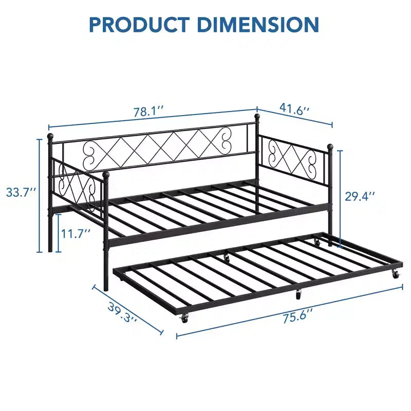 Cama diván metálica individual con cama nido y cabecero en forma de corazón, estructura de sofá cama con listones de acero, cama para invitados que ahorra espacio, para dormitorio, fácil de montar