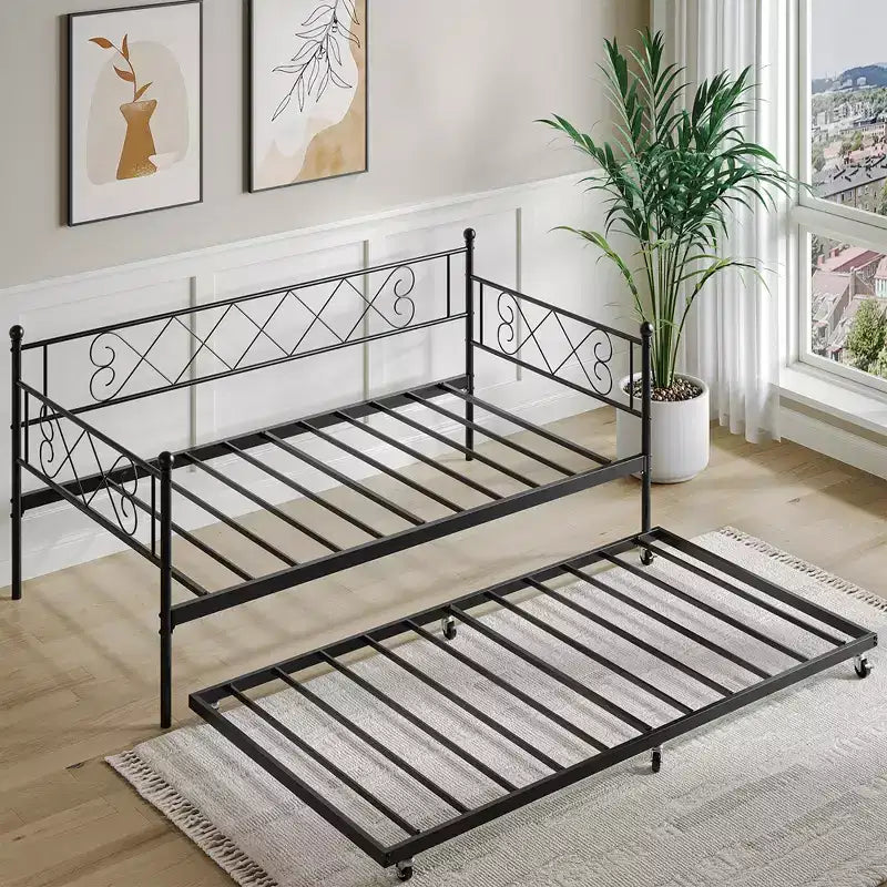 Cama diván metálica individual con cama nido y cabecero en forma de corazón, estructura de sofá cama con listones de acero, cama para invitados que ahorra espacio, para dormitorio, fácil de montar