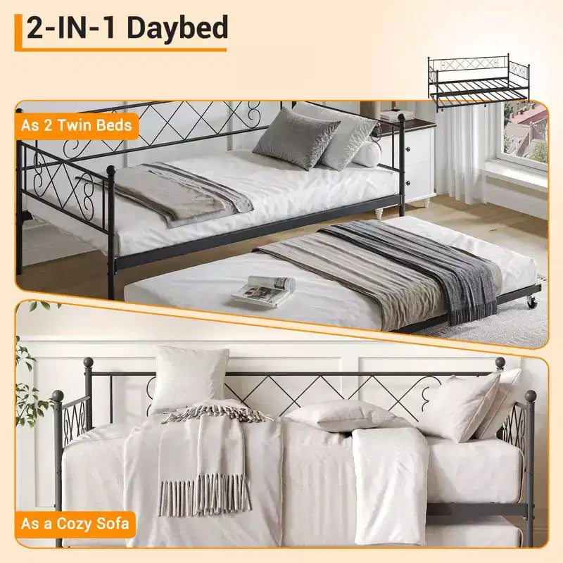 Cama diván metálica individual con cama nido y cabecero en forma de corazón, estructura de sofá cama con listones de acero, cama para invitados que ahorra espacio, para dormitorio, fácil de montar