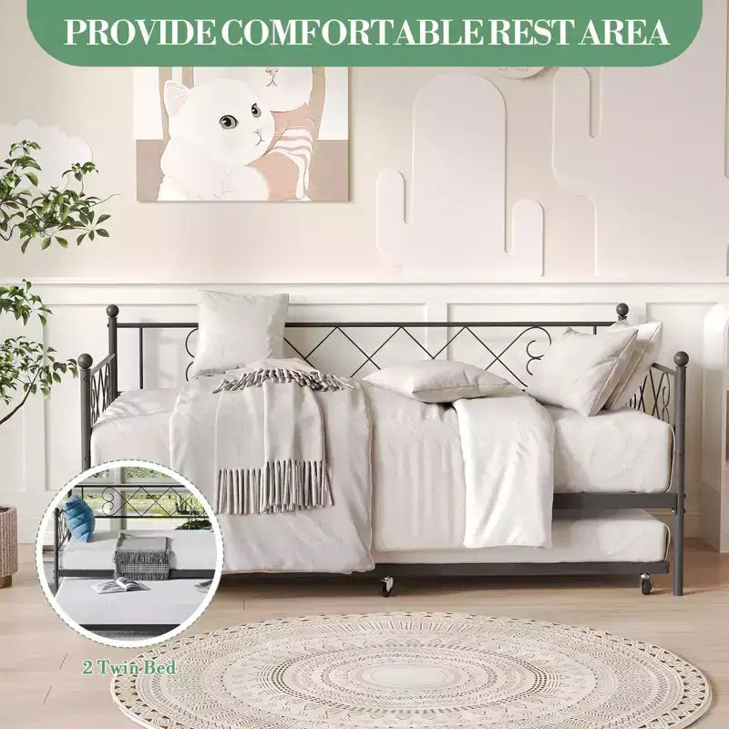 Cama diván metálica individual con cama nido y cabecero en forma de corazón, estructura de sofá cama con listones de acero, cama para invitados que ahorra espacio, para dormitorio, fácil de montar