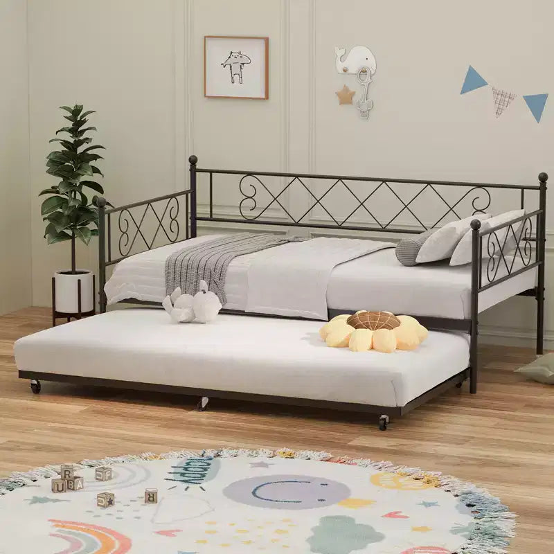 Cama diván metálica individual con cama nido y cabecero en forma de corazón, estructura de sofá cama con listones de acero, cama para invitados que ahorra espacio, para dormitorio, fácil de montar
