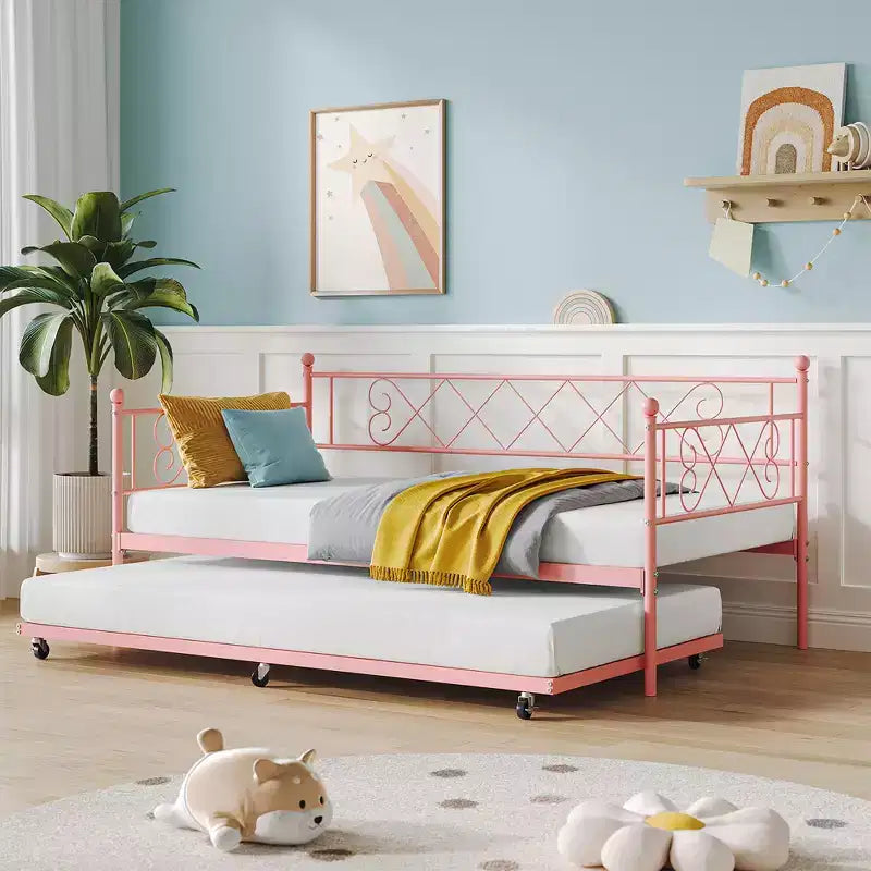 Cama diván metálica individual con cama nido y cabecero en forma de corazón, estructura de sofá cama con listones de acero, cama para invitados que ahorra espacio, para dormitorio, fácil de montar