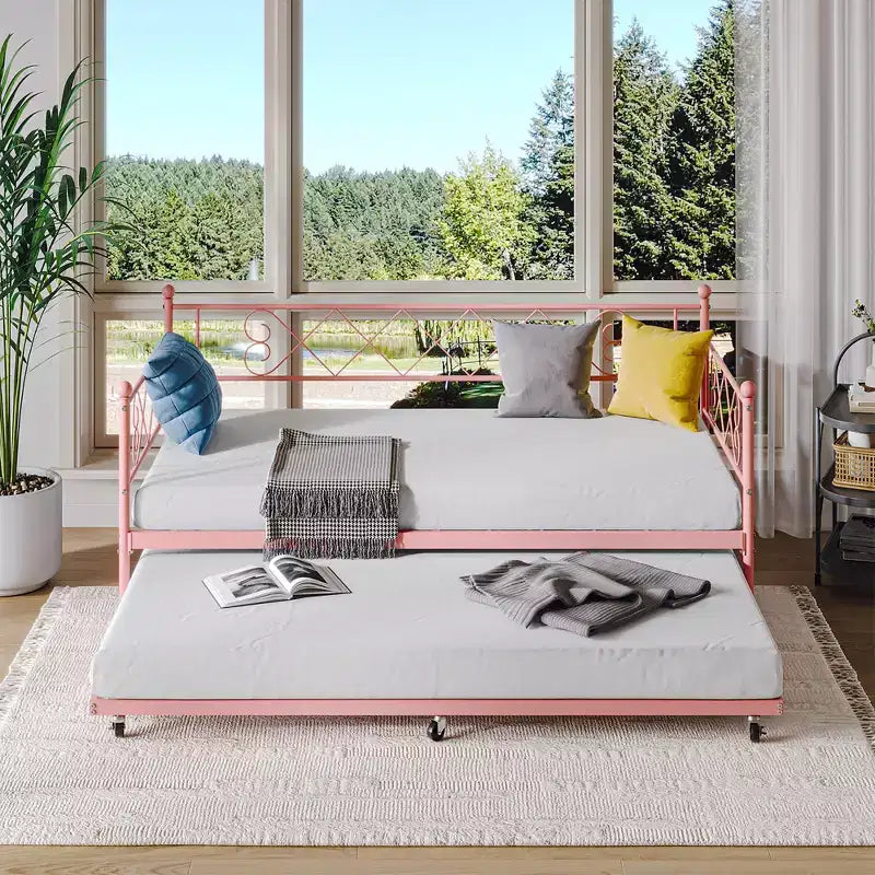 Cama diván metálica individual con cama nido y cabecero en forma de corazón, estructura de sofá cama con listones de acero, cama para invitados que ahorra espacio, para dormitorio, fácil de montar