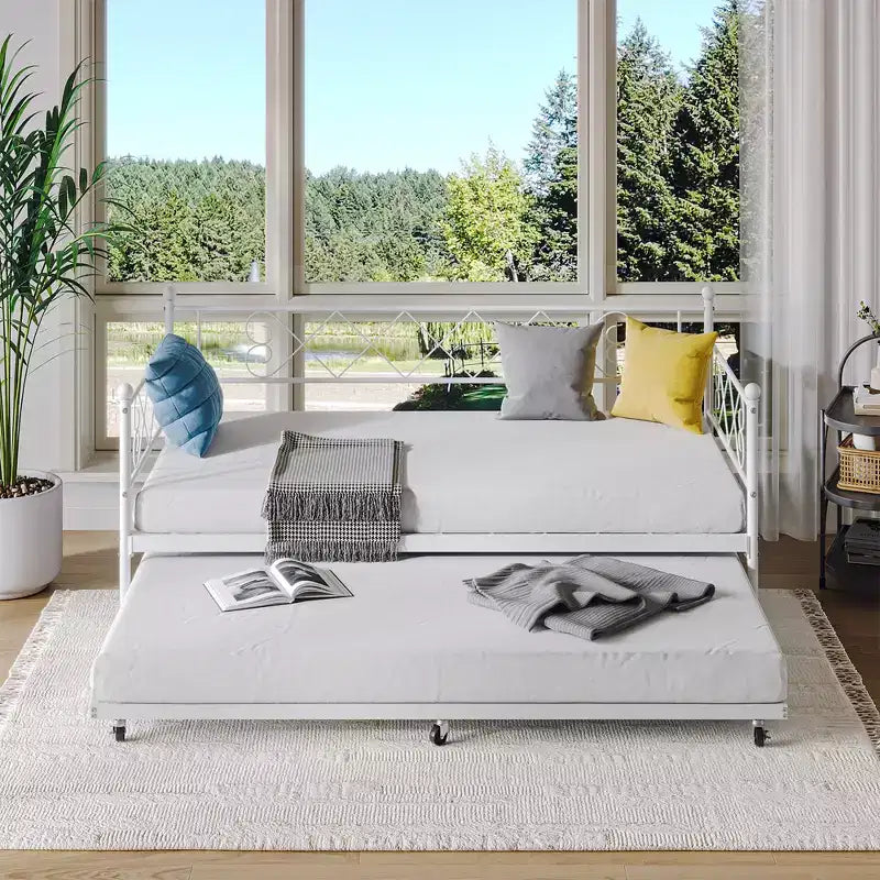 Cama diván metálica individual con cama nido y cabecero en forma de corazón, estructura de sofá cama con listones de acero, cama para invitados que ahorra espacio, para dormitorio, fácil de montar