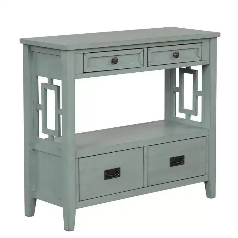 Farmhouse Wood Console Table with 4 Drawers and 1 Storage Shelf for Entryway and Living Room , Retro Blue