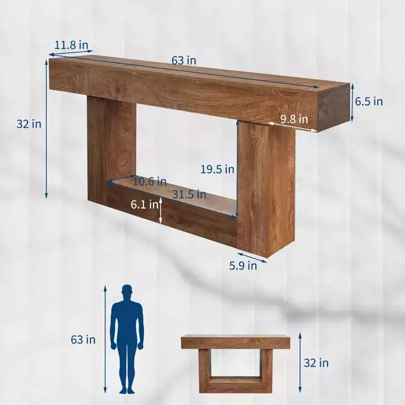 Rechteckiger Sofatisch aus Holz hinter dem Sofa, Konsolentisch für den Eingangsbereich im Landhausstil, rustikales Braun/2 Ebenen
