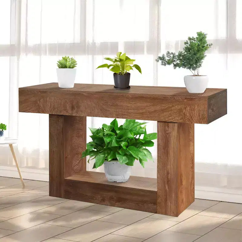 Rechteckiger Sofatisch aus Holz hinter dem Sofa, Konsolentisch für den Eingangsbereich im Landhausstil, rustikales Braun/2 Ebenen