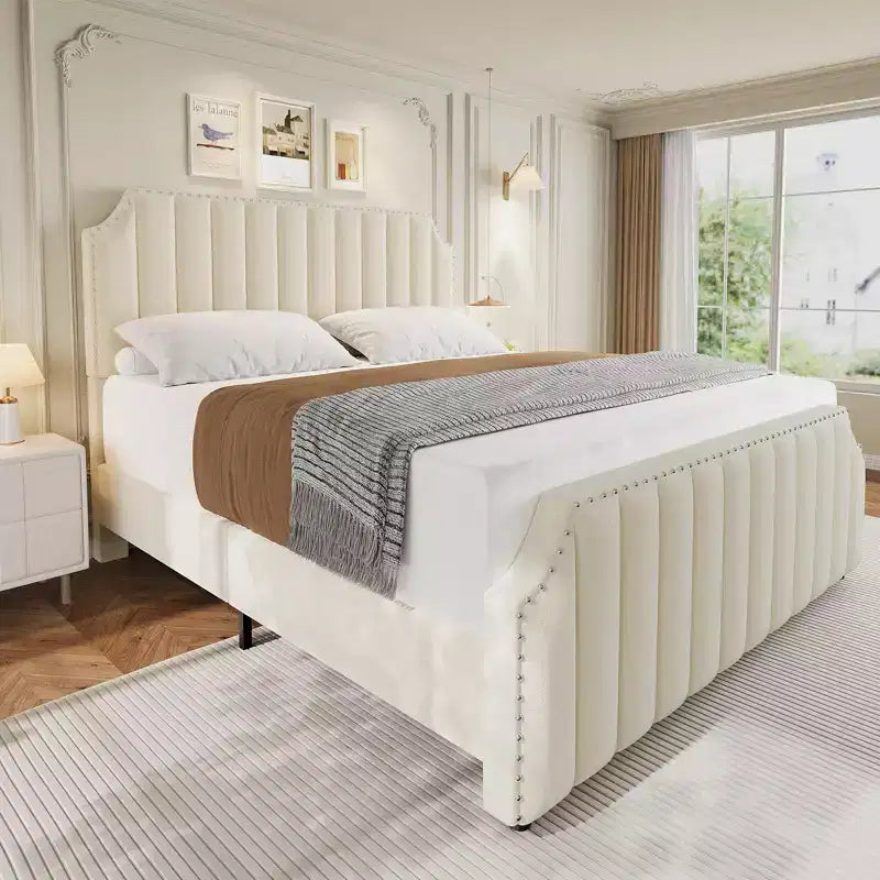 Estructura de cama tamaño king de terciopelo, cabecero y piecero de 50.2 de alto, cama plataforma tamaño king tapizada con adornos de tachuelas, no necesita somier