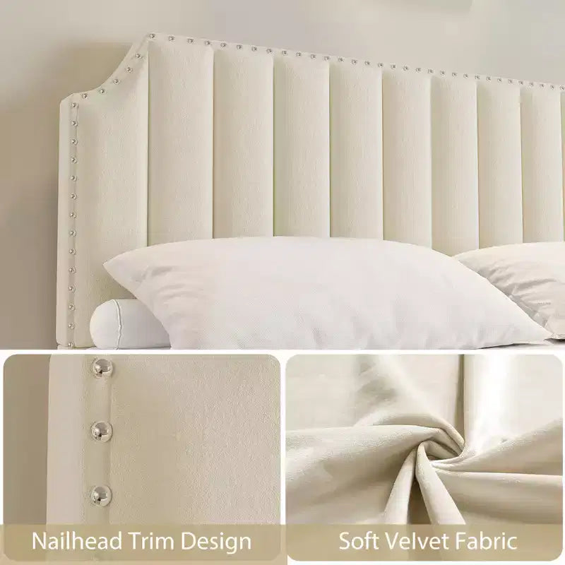 Estructura de cama tamaño king de terciopelo, cabecero y piecero de 50.2 de alto, cama plataforma tamaño king tapizada con adornos de tachuelas, no necesita somier