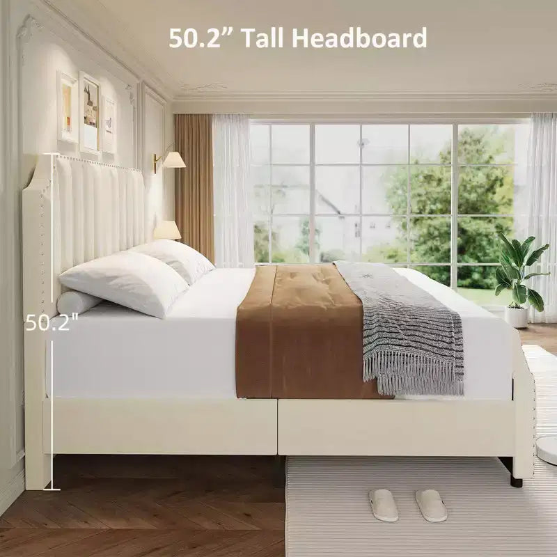 Estructura de cama tamaño king de terciopelo, cabecero y piecero de 50.2 de alto, cama plataforma tamaño king tapizada con adornos de tachuelas, no necesita somier