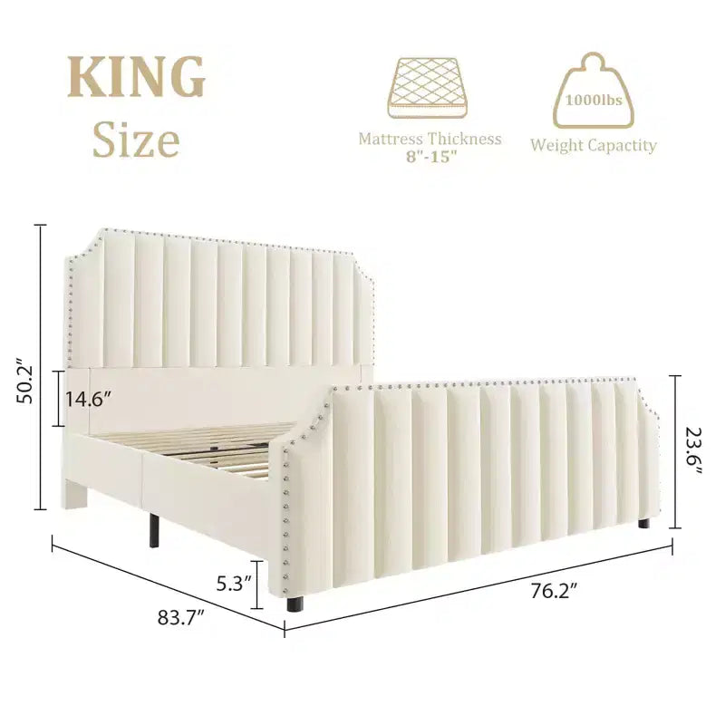 Polsterbettgestell in Kingsize-Größe aus Samt, 50.2 hohes Kopf- und Fußteil, gepolstertes Kingsize-Bettgestell mit Nagelkopfbesatz, kein Boxspring erforderlich