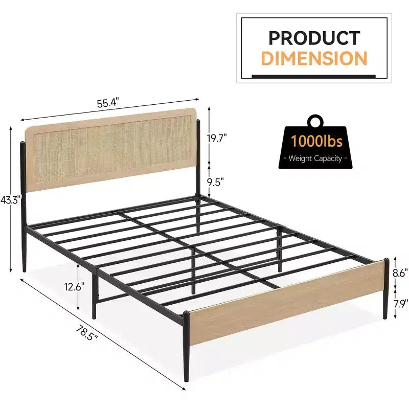 Estructura de cama tamaño matrimonial/queen con cabecero de ratán natural y piecero de madera maciza, espacio de almacenamiento debajo de la cama