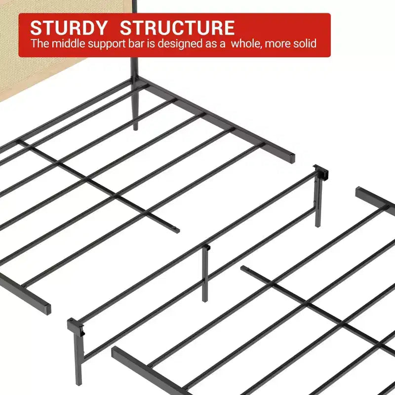 Estructura de cama tamaño matrimonial/queen con cabecero de ratán natural y piecero de madera maciza, espacio de almacenamiento debajo de la cama