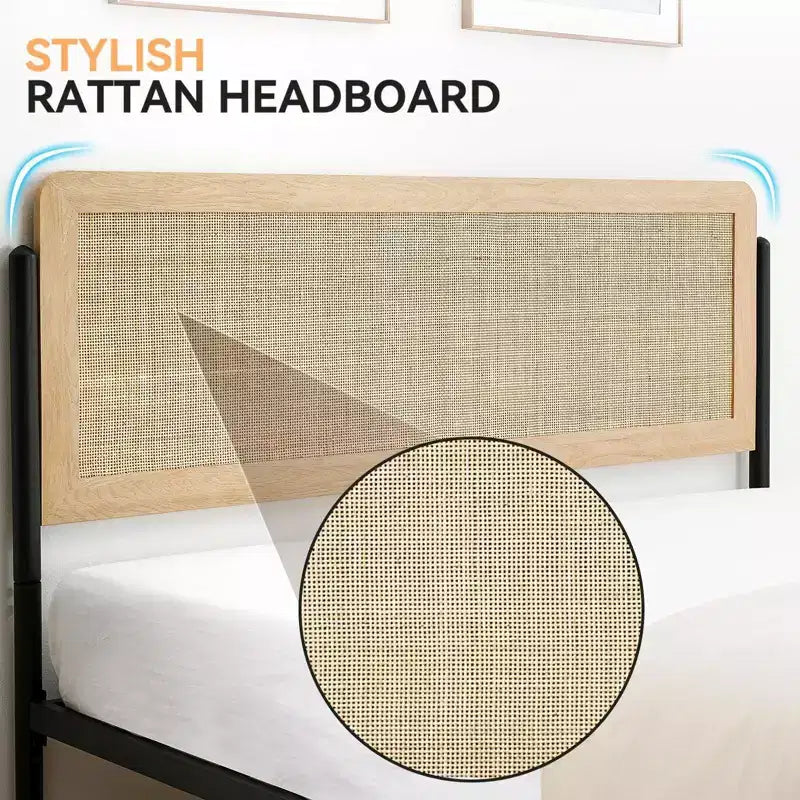 Estructura de cama tamaño matrimonial/queen con cabecero de ratán natural y piecero de madera maciza, espacio de almacenamiento debajo de la cama