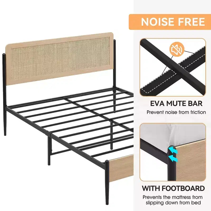 Estructura de cama tamaño matrimonial/queen con cabecero de ratán natural y piecero de madera maciza, espacio de almacenamiento debajo de la cama