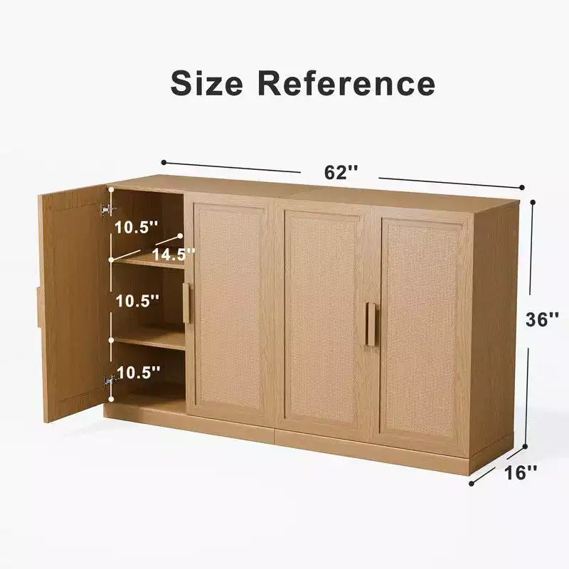 Modernes Sideboard mit 4 Türen, 62 W x 31 H, Rattangeflecht-Fronten, Anrichte und Akzent-Stauraumschrank für Flur, Eingangsbereich und Esszimmer, Natur