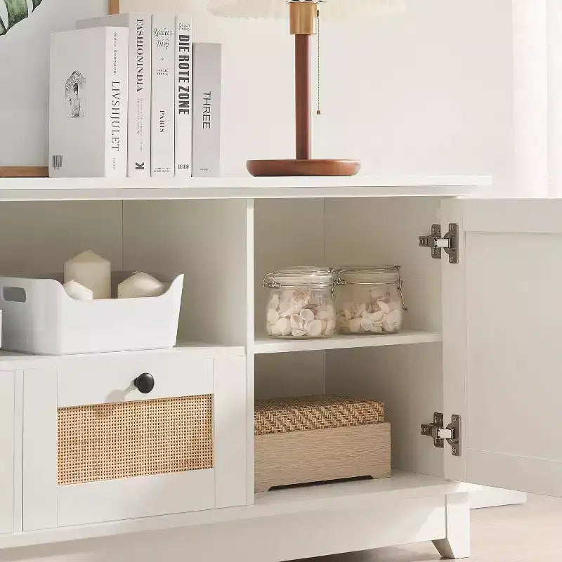 TV-Ständer, Entertainment-Center - für Fernseher ab 65 Zoll, Rattan-Medienkonsole mit Stauraum und Mesh-Türen, moderner weißer TV-Schrank für das Wohnzimmer