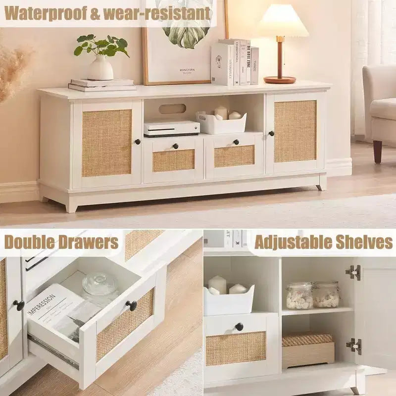 Mueble para TV, centro de entretenimiento - para televisores de más de 65 pulgadas, consola multimedia de ratán con almacenamiento y puertas de malla, mueble moderno blanco para TV en la sala de estar