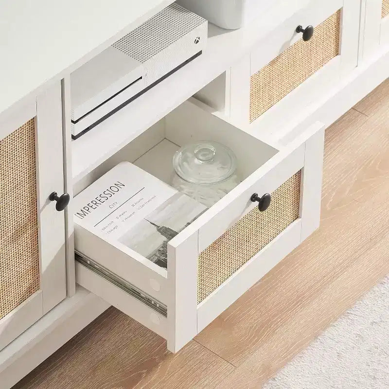 Mueble para TV, centro de entretenimiento - para televisores de más de 65 pulgadas, consola multimedia de ratán con almacenamiento y puertas de malla, mueble moderno blanco para TV en la sala de estar