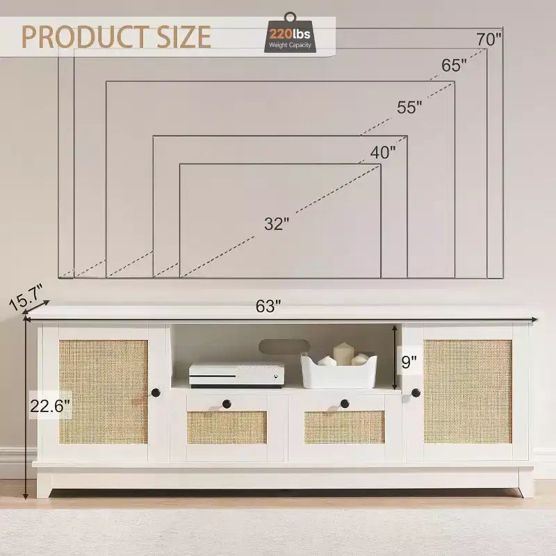 Mueble para TV, centro de entretenimiento - para televisores de más de 65 pulgadas, consola multimedia de ratán con almacenamiento y puertas de malla, mueble moderno blanco para TV en la sala de estar