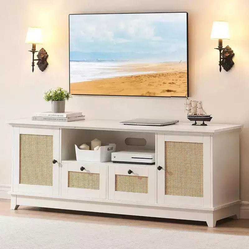 Mueble para TV, centro de entretenimiento - para televisores de más de 65 pulgadas, consola multimedia de ratán con almacenamiento y puertas de malla, mueble moderno blanco para TV en la sala de estar