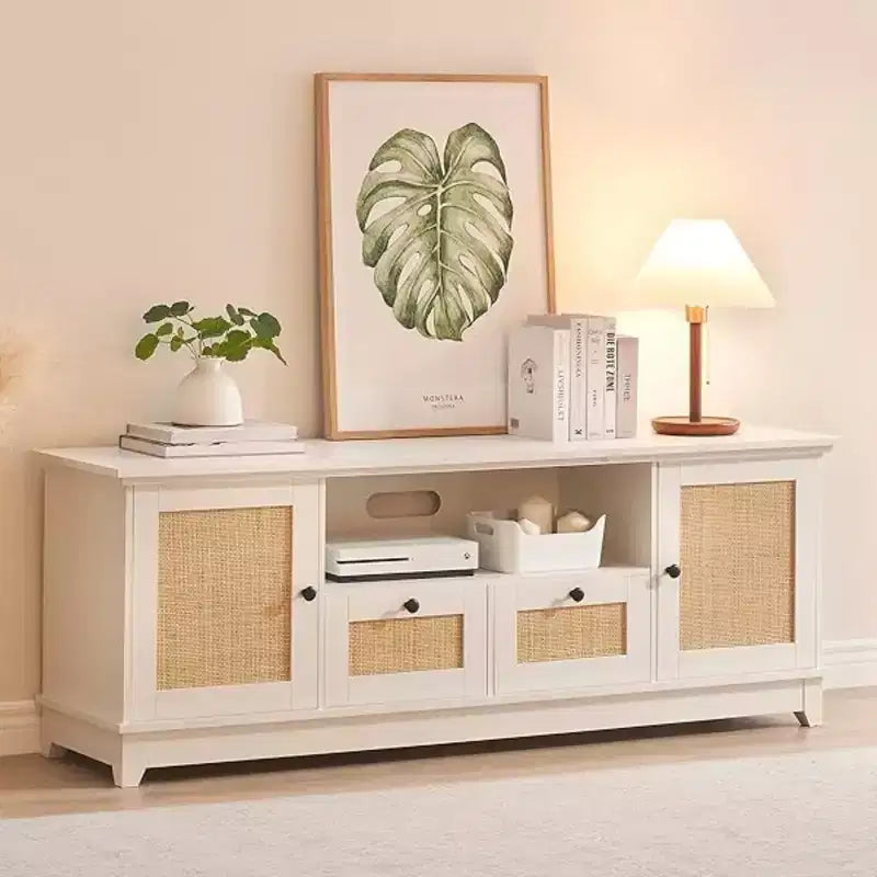 Mueble para TV, centro de entretenimiento - para televisores de más de 65 pulgadas, consola multimedia de ratán con almacenamiento y puertas de malla, mueble moderno blanco para TV en la sala de estar