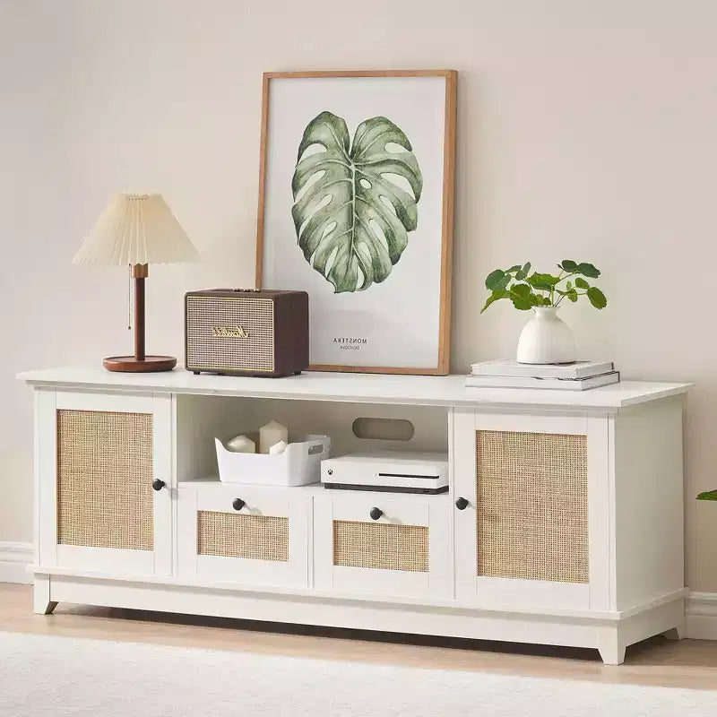 Mueble para TV, centro de entretenimiento - para televisores de más de 65 pulgadas, consola multimedia de ratán con almacenamiento y puertas de malla, mueble moderno blanco para TV en la sala de estar