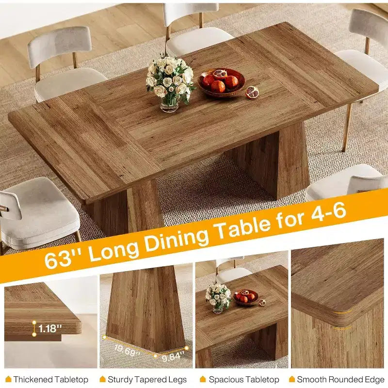 Mesa de comedor para 4-6 personas, mesa de cocina moderna de 63 con robustas patas de madera cónicas, para comedor, cocina o sala de estar