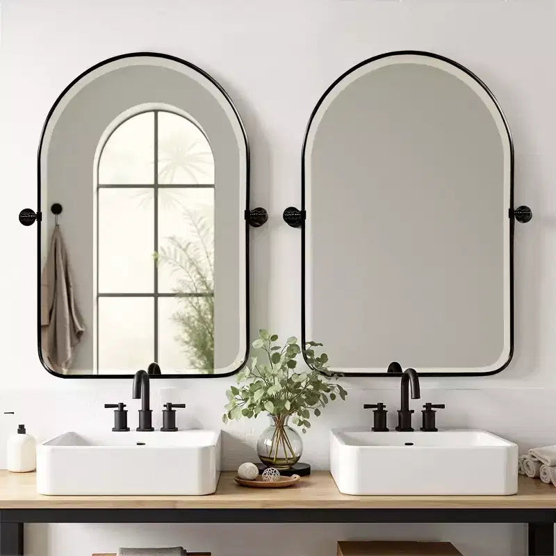 32 x 23 Wrought Iron Rounded Arch Black Pivot Wall Mirror Tilting Bathroom Vanity Mirror Metal Framed Adjustable for Bedroom Living Room