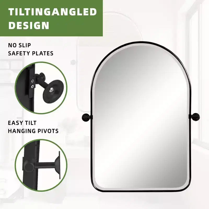 32 x 23 Wrought Iron Rounded Arch Black Pivot Wall Mirror Tilting Bathroom Vanity Mirror Metal Framed Adjustable for Bedroom Living Room