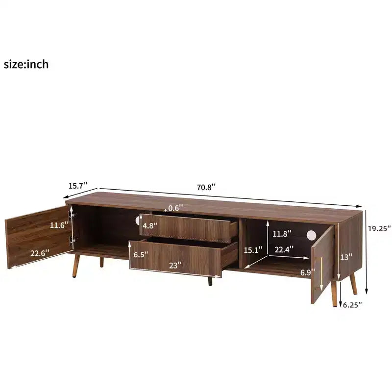 Mueble para TV de nogal de estilo moderno de mediados de siglo con estructura maciza