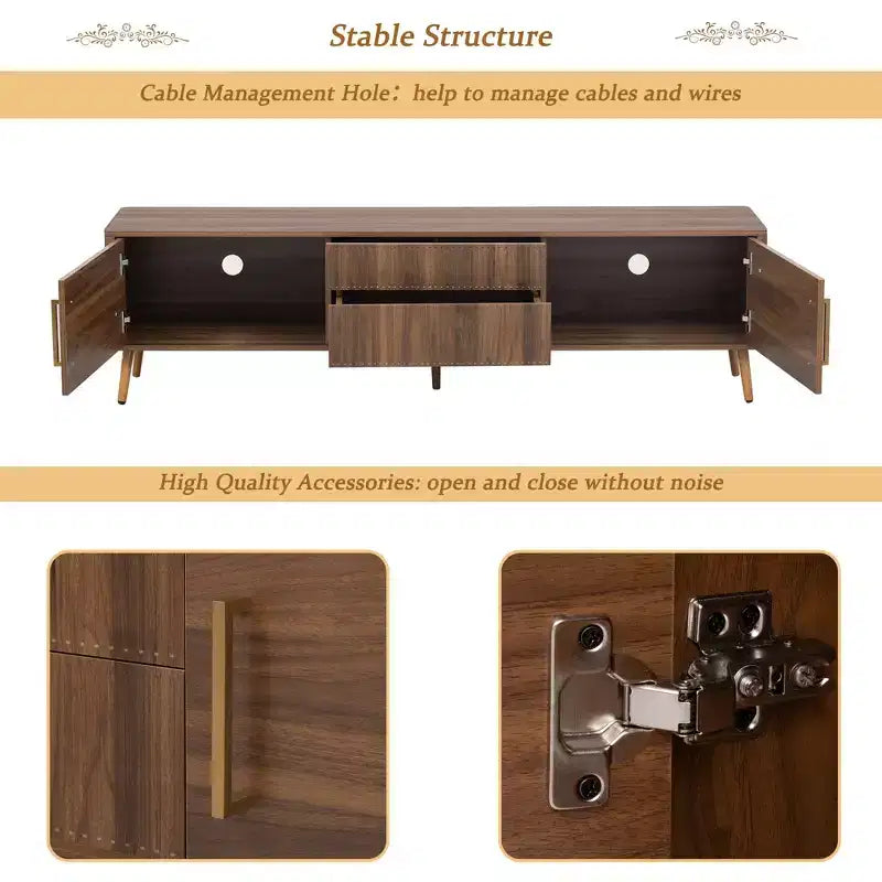 Mueble para TV de nogal de estilo moderno de mediados de siglo con estructura maciza