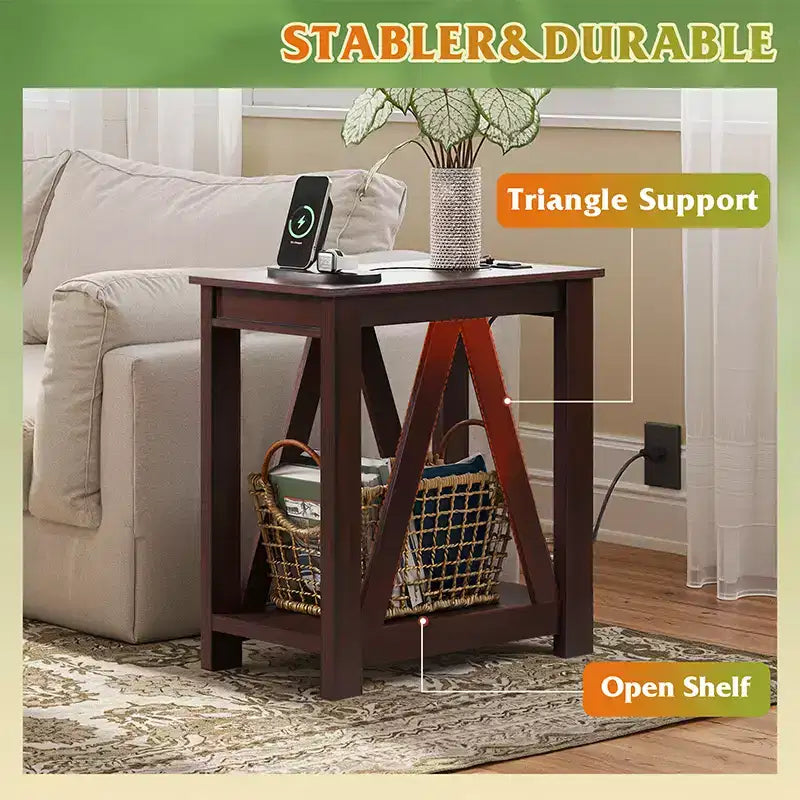 Mesa auxiliar estrecha con estación de carga - mesa auxiliar angosta estilo granja con estantes abiertos para espacios pequeños, dormitorio/sala de estar
