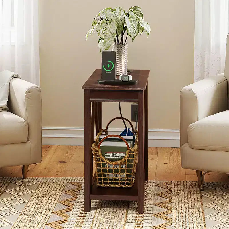 Slim End Table with Charging Station - Farmhouse Narrow Side Table with Open Storage Shelves for Small Spaces Bedroom/Living Room