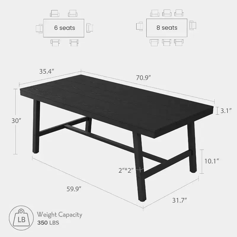 Grande table à manger longue de 70.87 pouces pour 6-8 personnes, table de cuisine en bois avec pieds robustes pour la cuisine et la salle à manger