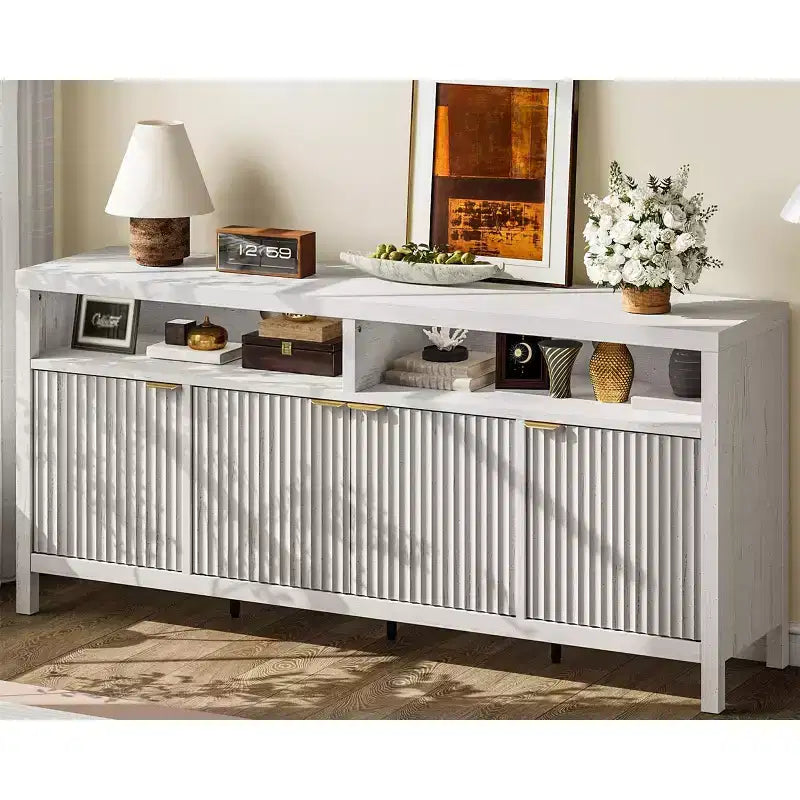 Buffet moderne à cannelures, meuble de rangement à 4 portes avec étagères réglables, pour salle à manger, salon et entrée