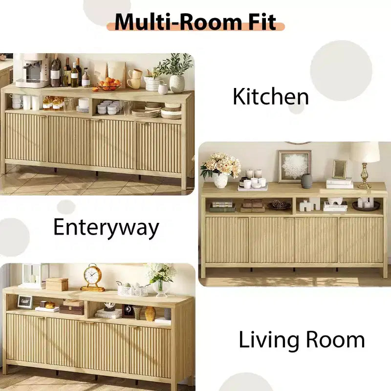 Buffet moderne à cannelures, meuble de rangement à 4 portes avec étagères réglables, pour salle à manger, salon et entrée