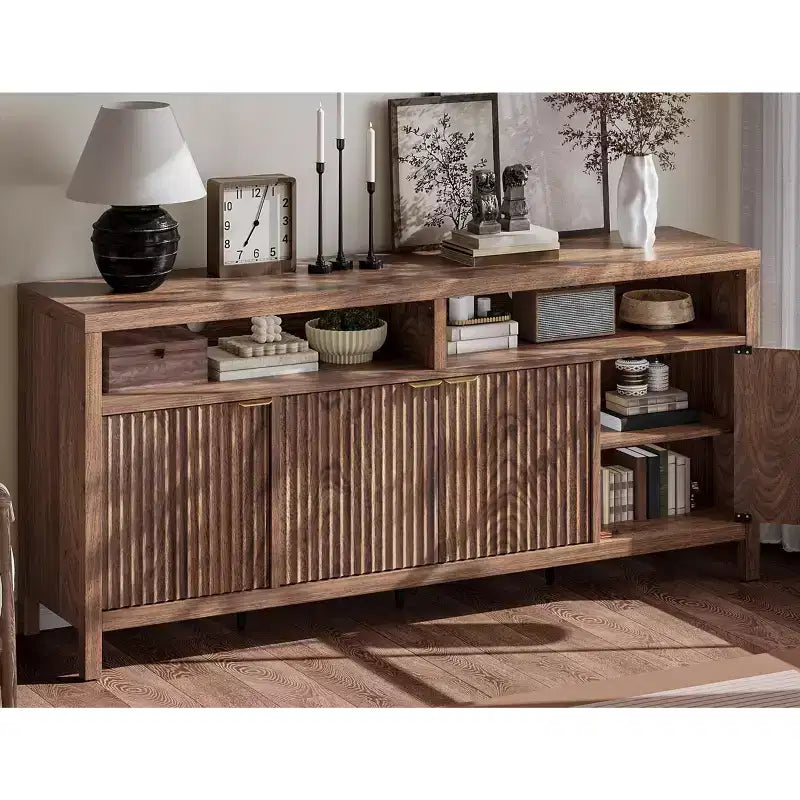 Buffet moderne à cannelures, meuble de rangement à 4 portes avec étagères réglables, pour salle à manger, salon et entrée