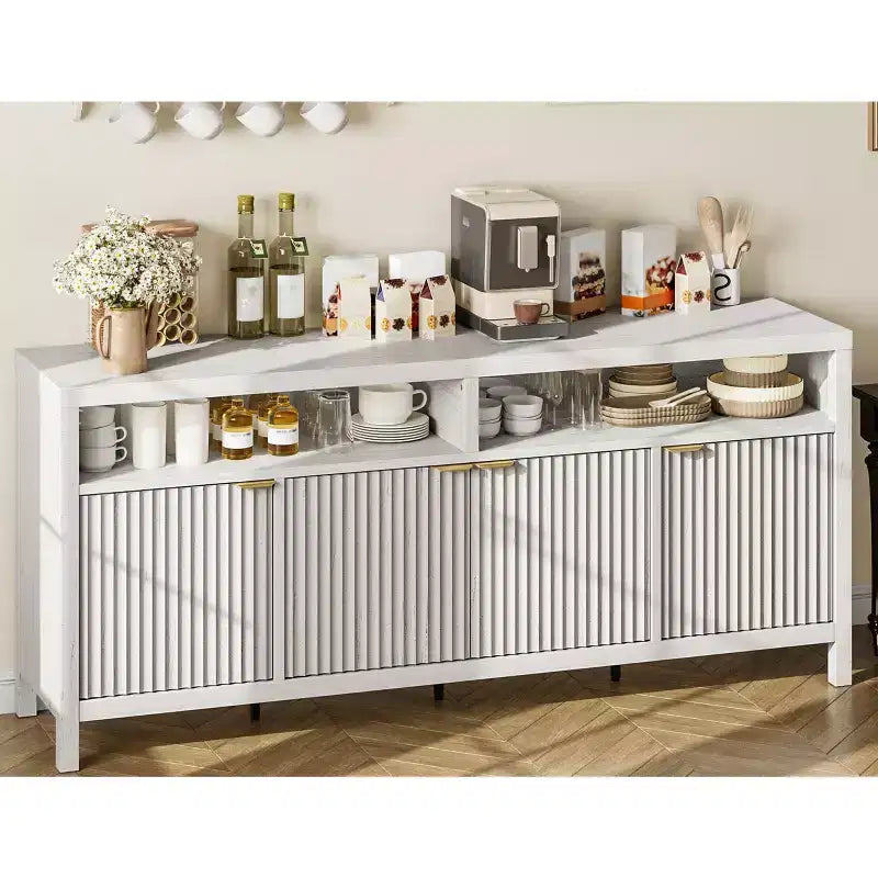 Modern geriffelter Sideboardschrank mit 4 Türen und verstellbaren Einlegeböden für Esszimmer, Wohnzimmer und Eingangsbereich