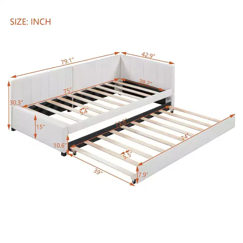 Cama diván tapizada tamaño individual con cama nido, estructura de cama individual con reposabrazos, sofá cama para sala de estar o dormitorio, beige