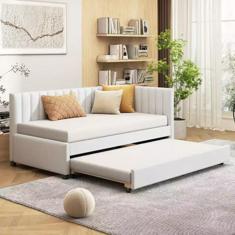 Cama diván tapizada tamaño individual con cama nido, estructura de cama individual con reposabrazos, sofá cama para sala de estar o dormitorio, beige
