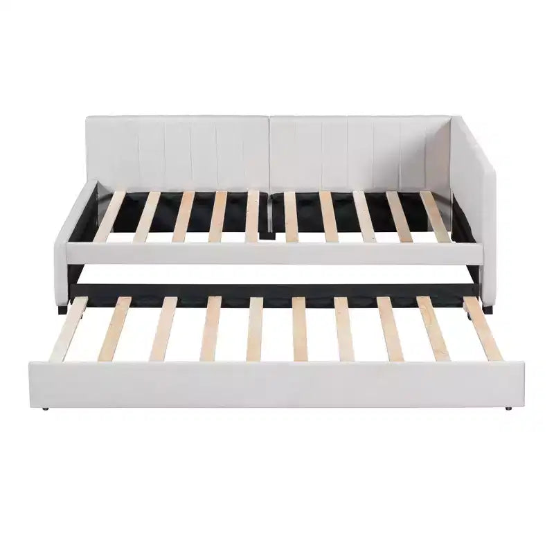 Gepolstertes Tagesbett in Einzelbettgröße mit Ausziehbett, Tagesbettgestell mit Armlehnen, Schlafsofa für Wohnzimmer und Schlafzimmer, Beige