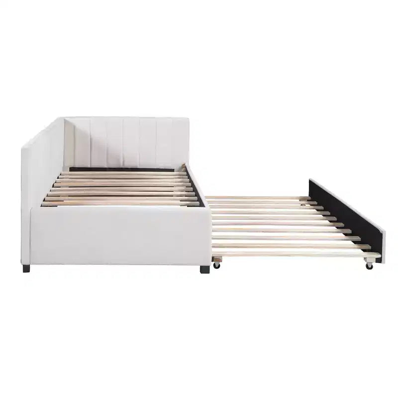 Gepolstertes Tagesbett in Einzelbettgröße mit Ausziehbett, Tagesbettgestell mit Armlehnen, Schlafsofa für Wohnzimmer und Schlafzimmer, Beige