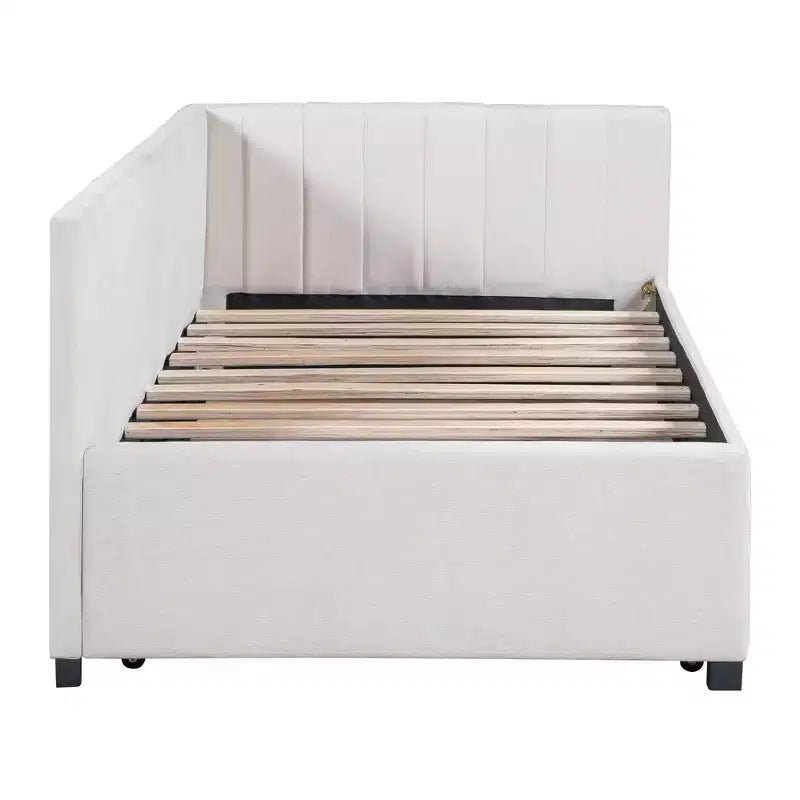 Gepolstertes Tagesbett in Einzelbettgröße mit Ausziehbett, Tagesbettgestell mit Armlehnen, Schlafsofa für Wohnzimmer und Schlafzimmer, Beige